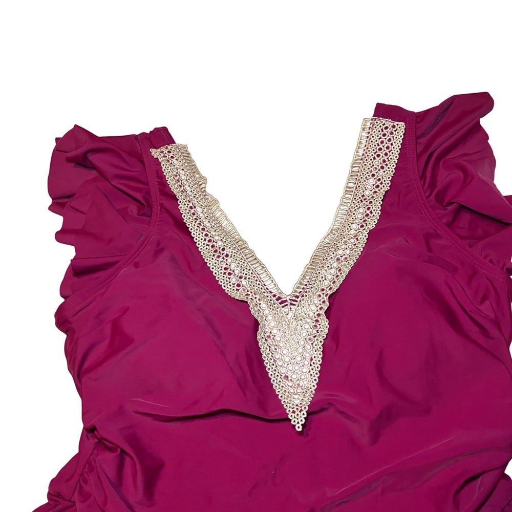 Women's XL Burgundy Ruffle Sleeve Swim Dress with Crochet Lace Trim V-Neck - Picture 2 of 9